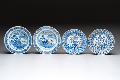 19 Chinese blue and white plates with antiquities, floral, and landscape design, Kangxi