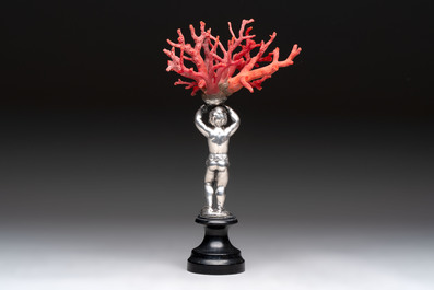A red coral mounted silver figure, possibly Germany, 19th C.