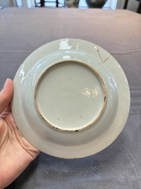 Nine Chinese blue and white plates with figural design, 18th C.