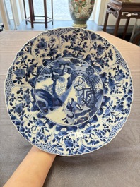 Three Chinese blue and white dishes with figural design, Kangxi