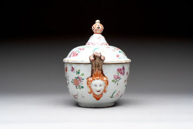 A Chinese famille rose 'mascarons' tureen and cover on stand with floral design, Qianlong