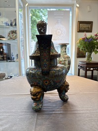 A Chinese cloisonn&eacute; tripod censer and cover, 19th C.
