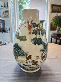 A fine Chinese famille rose 'hu' 'deer and monkey' vase, 19th C.
