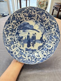 Three Chinese blue and white dishes with figural design, Kangxi