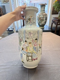 A pair of fine Chinese famille rose 'Guo Ziyi 郭子儀' rouleau vases, Qianlong mark, 19th C.