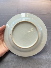 Nine Chinese blue and white plates with figural design, 18th C.