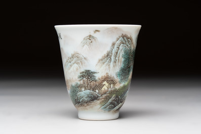 A fine Chinese famille rose 'Mountainous Landscape' cup on a silver stand, signed Zhang Zhitang 張志湯, dated 1942