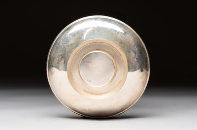 A fine Chinese famille rose 'Mountainous Landscape' cup on a silver stand, signed Zhang Zhitang 張志湯, dated 1942