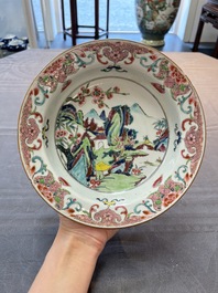 Three Chinese famille rose plates with figural and landscape design, Yongzheng/Qianlong