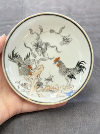 Five Chinese grisaille and iron-red-decorated cups and six saucers with fighting roosters, Yongzheng