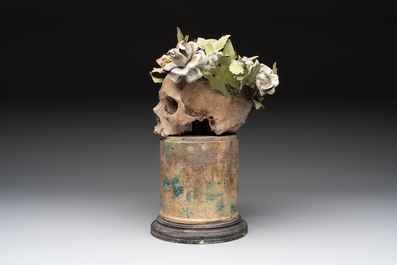An Italian 'vanitas' or 'memento mori' skull mounted on wooden base, 19/20th C.