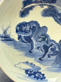 A Chinese blue, white and copper-red 'Three Friends of Winter' jar, and a blue and white 'Buddhist lion' dish, 18th C.