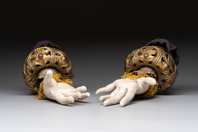 A pair of plaster hands with gilt-bronze cuffs and fabric adornments, Italy, 19th C.
