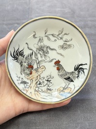 Five Chinese grisaille and iron-red-decorated cups and six saucers with fighting roosters, Yongzheng