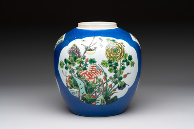 Four Chinese famille rose plates, a blue-glazed vase and a famille verte powder-blue-ground jar, Kangxi and Tongzhi marks, 19th C.