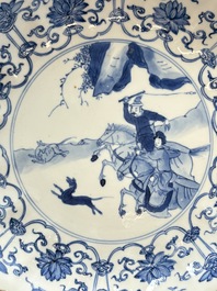 Three Chinese blue and white &rsquo;Mu Lan Qiu Xian 木蘭秋獮' plates, Kangxi