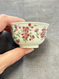 A set of six Chinese famille rose 'peacock' cups and saucers, Yongzheng