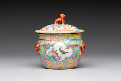 A Chinese blue and white and a famille rose 'kamcheng' bowl and cover for the Straits or Peranakan market, 19th C.
