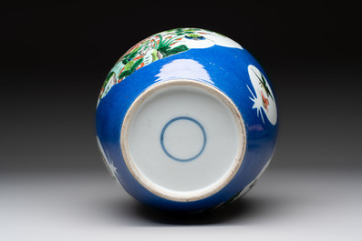 Four Chinese famille rose plates, a blue-glazed vase and a famille verte powder-blue-ground jar, Kangxi and Tongzhi marks, 19th C.