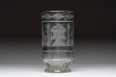An engraved 'masonic' glass vase, freemasonry, 19/20th C.