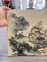 A pair of fine Chinese famille rose plaques with landscape design, signed Wang Yeting 汪野亭, 20th C.