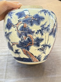 A Chinese blue, white and copper-red 'Three Friends of Winter' jar, and a blue and white 'Buddhist lion' dish, 18th C.