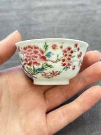 A set of six Chinese famille rose 'peacock' cups and saucers, Yongzheng