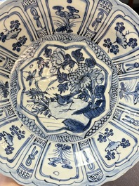 Three Chinese blue and white 'kraak' dishes with a bird and flowers, Wanli
