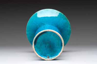 Four Chinese famille rose plates, a blue-glazed vase and a famille verte powder-blue-ground jar, Kangxi and Tongzhi marks, 19th C.
