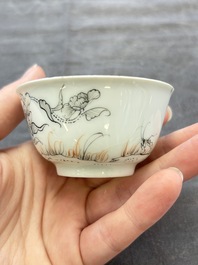 Five Chinese grisaille and iron-red-decorated cups and six saucers with fighting roosters, Yongzheng
