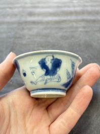 A set of six Chinese blue and white cups and saucers, Qing Yu Tang 青玉堂 and Lin Yu Tang 琳玉堂 marks, Kangxi