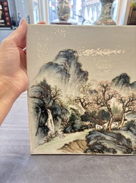 A pair of fine Chinese famille rose plaques with landscape design, signed Wang Yeting 汪野亭, 20th C.