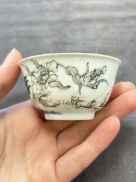 Five Chinese grisaille and iron-red-decorated cups and six saucers with fighting roosters, Yongzheng