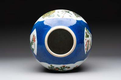 Four Chinese famille rose plates, a blue-glazed vase and a famille verte powder-blue-ground jar, Kangxi and Tongzhi marks, 19th C.