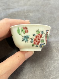 A set of six Chinese famille rose 'peacock' cups and saucers, Yongzheng