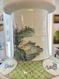 A fine Chinese famille rose 'Qi Guan Xun Mu 棄官尋母' rouleau vase, Qianlong mark, 19th C.