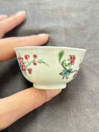 A set of six Chinese famille rose 'peacock' cups and saucers, Yongzheng