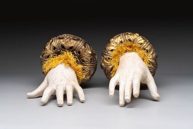A pair of plaster hands with gilt-bronze cuffs and fabric adornments, Italy, 19th C.