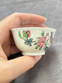 A set of six Chinese famille rose 'peacock' cups and saucers, Yongzheng