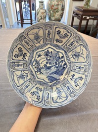 Three Chinese blue and white 'kraak' dishes with a bird and flowers, Wanli