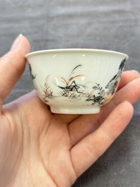 Five Chinese grisaille and iron-red-decorated cups and six saucers with fighting roosters, Yongzheng
