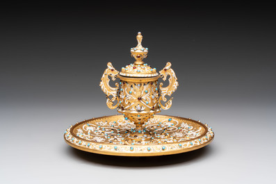 A bejewelled and enamelled gilt-bronze inkwell, probably Russia, 19/20th C.