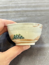 A pair of Chinese famille rose 'European subject' cups and saucers, Qianlong
