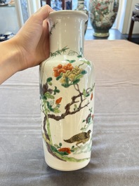 A pair of Chinese famille verte 'quails in blossoming landscape' rouleau vases, 19th C.