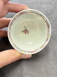 A set of six Chinese famille rose 'peacock' cups and saucers, Yongzheng