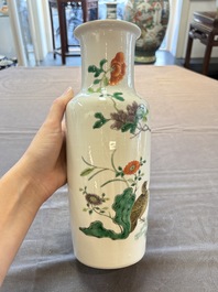A pair of Chinese famille verte 'quails in blossoming landscape' rouleau vases, 19th C.