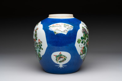 Four Chinese famille rose plates, a blue-glazed vase and a famille verte powder-blue-ground jar, Kangxi and Tongzhi marks, 19th C.