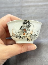 Five Chinese grisaille and iron-red-decorated cups and six saucers with fighting roosters, Yongzheng