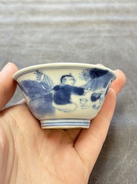 A set of six Chinese blue and white cups and saucers, Qing Yu Tang 青玉堂 and Lin Yu Tang 琳玉堂 marks, Kangxi