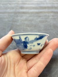 A set of six Chinese blue and white cups and saucers, Qing Yu Tang 青玉堂 and Lin Yu Tang 琳玉堂 marks, Kangxi